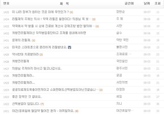 김영진 의원 홈페이지 내 정책제안 코너에는 처방전리필제 관련글들이 다수 올라와있다