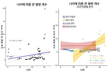나이에 따른 큰 병변 개수. 나이가 증가할수록 5mm 이상 크기가 큰 병변의 개수도 증가했다. 특히 KRIT1 변이 집단(노란색)의 증가율이 빨랐다.